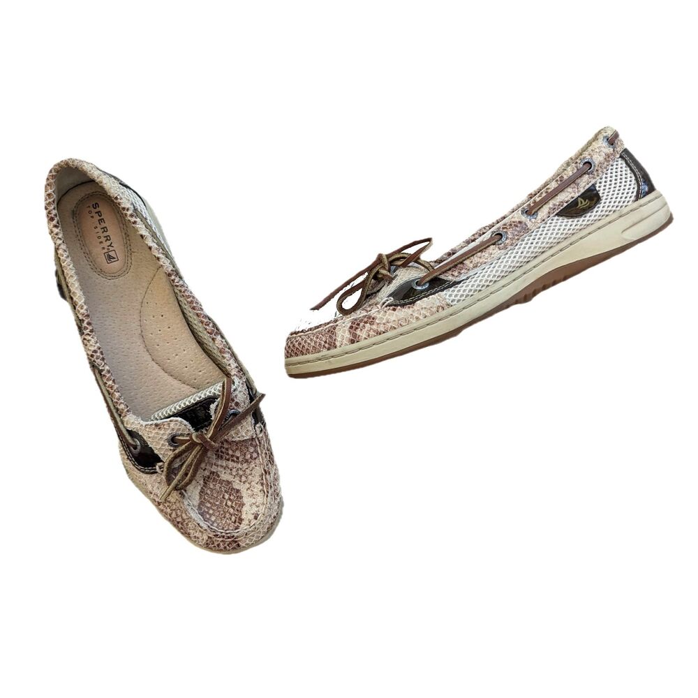 SPERRY TOP SIDER Cream & Brown Leather Mesh Side Snakeprint Boat Shoes, Size 8.5